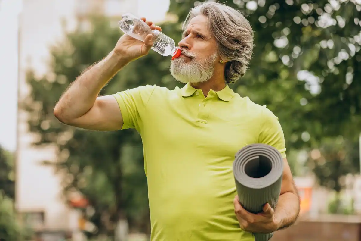 tired person drinking water stretching outdoors
